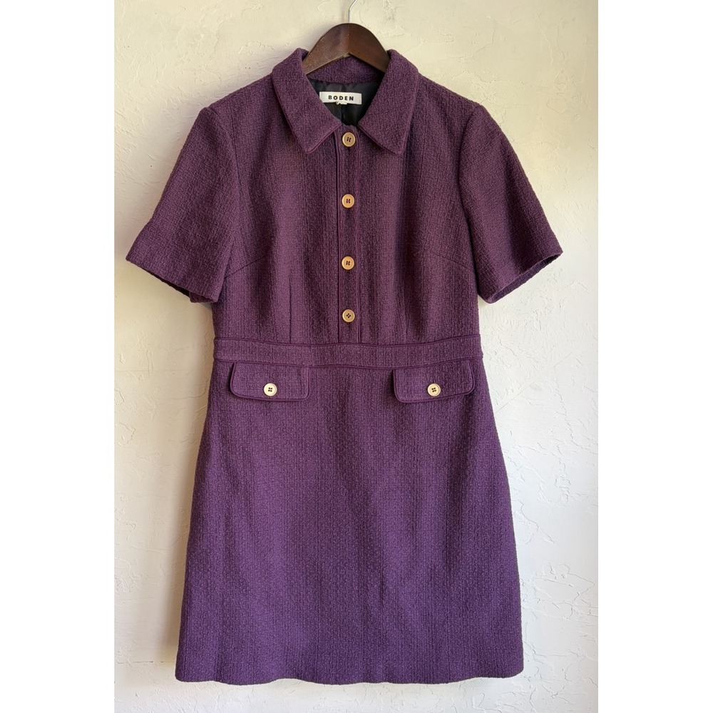 Boden Eda Shift Mini Dress 10 Purple Tweed Button Retro Preppy Mod Academia